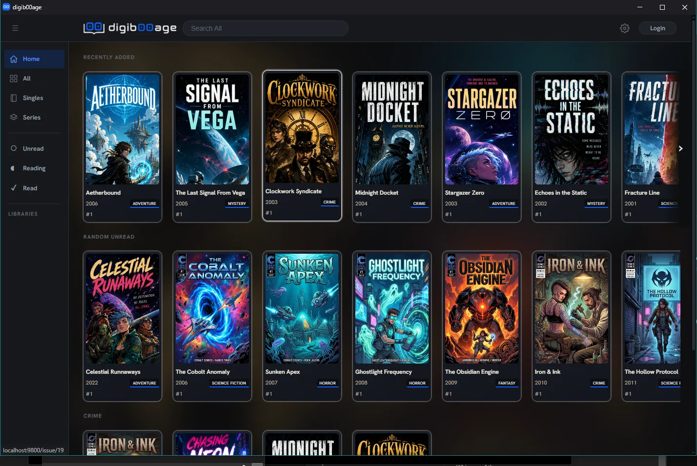 digib00age library home screen showing recently added and unread comics